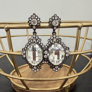 Crystal Drop Statement Earrings - Clear and Gunmetal